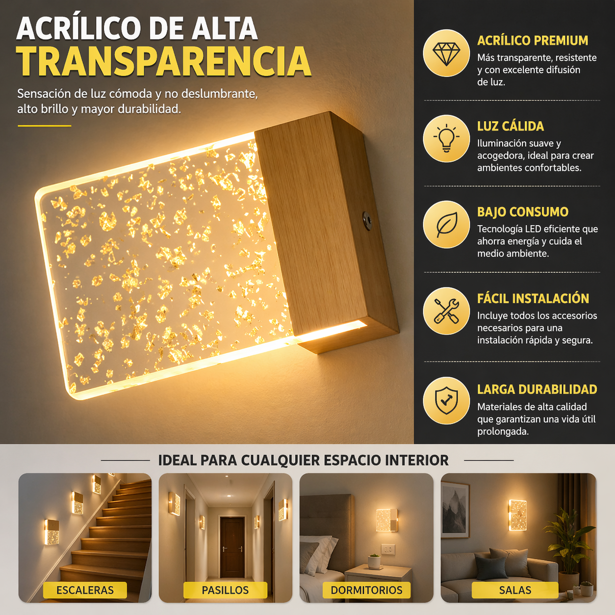 Lámpara LED de Pared Color Oro 3 Tonos ✨ Iluminación Elegante que Transforma tu Hogar®