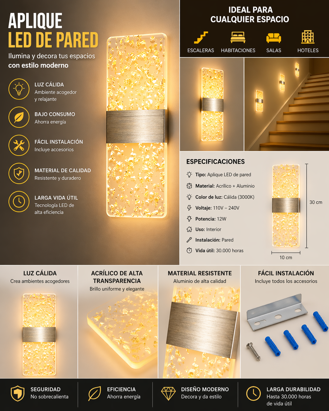 Lámpara LED de Pared Color Oro 3 Tonos ✨ Iluminación Elegante que Transforma tu Hogar®