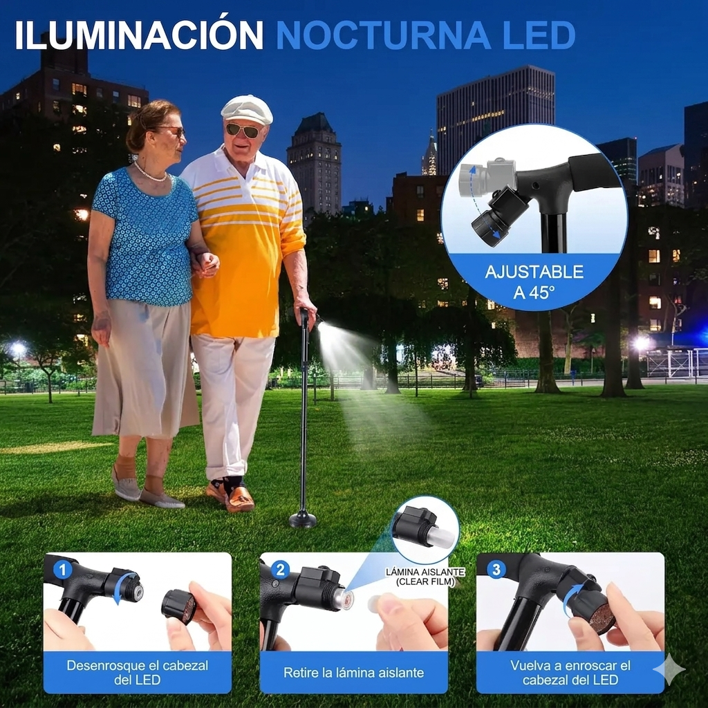 Bastón Plegable con Linterna LED: Seguridad, Estabilidad y Libertad en Cada Paso®