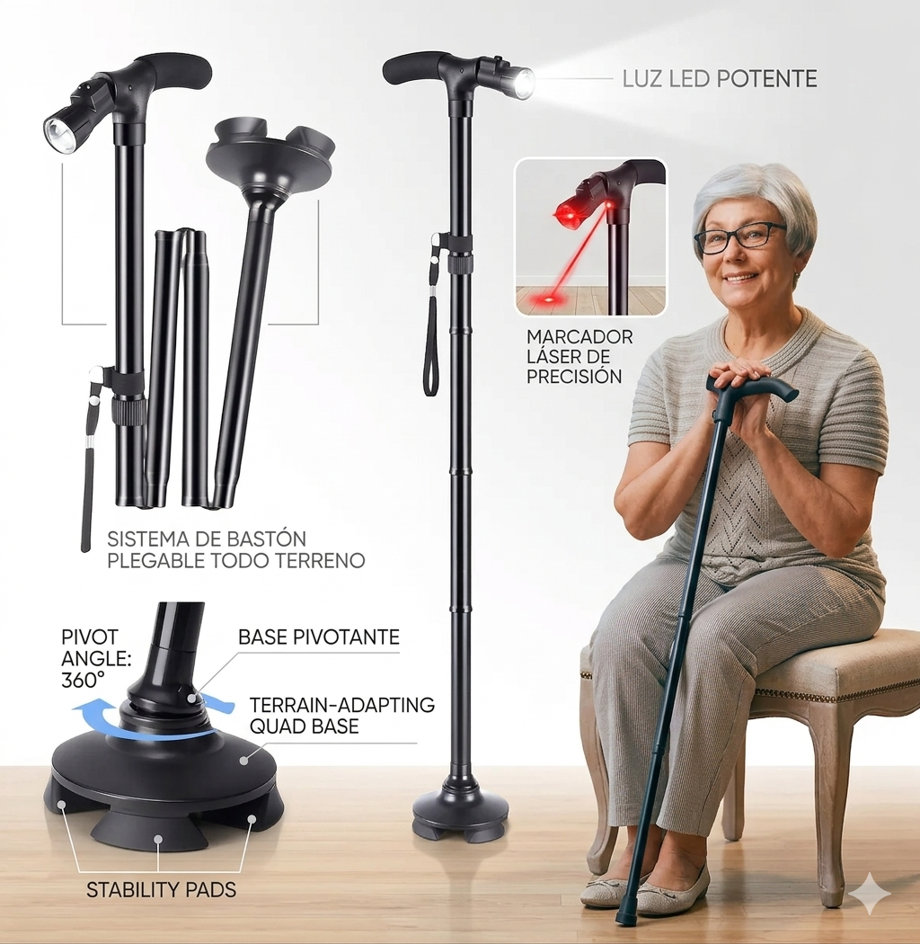 Bastón Plegable con Linterna LED: Seguridad, Estabilidad y Libertad en Cada Paso®
